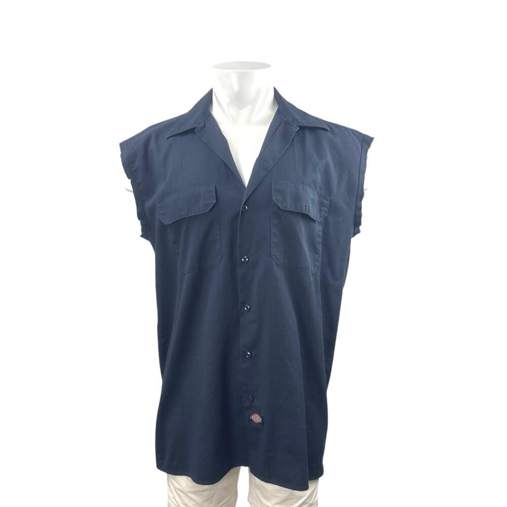 Dickies Men Navy Blue Workwear Pocket Cutoff Sleeve Button Down Shirt Top Size L